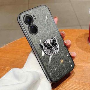 For vivo Y16 Plated Gradient Glitter Butterfly Holder TPU Phone Case(Black)