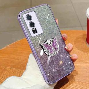 For vivo Y76s Plated Gradient Glitter Butterfly Holder TPU Phone Case(Purple)