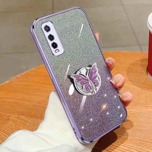 For vivo Y70s Plated Gradient Glitter Butterfly Holder TPU Phone Case(Purple)