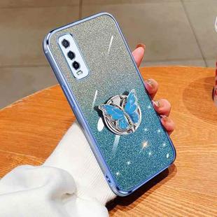 For vivo Y70s Plated Gradient Glitter Butterfly Holder TPU Phone Case(Sierra Blue)