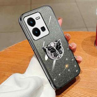 For vivo Y35 Global 2022 Plated Gradient Glitter Butterfly Holder TPU Phone Case(Black)