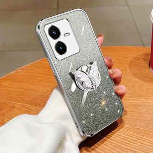 For vivo Y22 / Y22s Plated Gradient Glitter Butterfly Holder TPU Phone Case(Silver)
