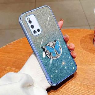 For vivo V19 India Plated Gradient Glitter Butterfly Holder TPU Phone Case(Sierra Blue)