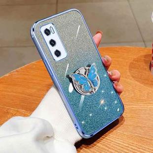 For vivo V20 SE Plated Gradient Glitter Butterfly Holder TPU Phone Case(Sierra Blue)