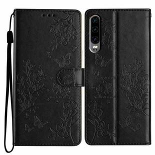 For Huawei P30 Butterfly Love Flower Embossed Leather Phone Case(Black)