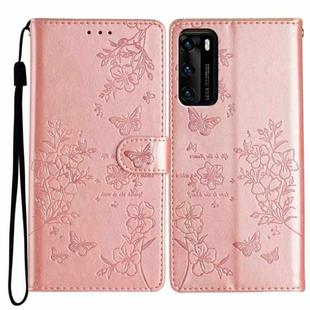 For Huawei P40 Butterfly Love Flower Embossed Leather Phone Case(Rose Gold)