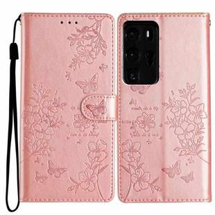 For Huawei P40 Pro Butterfly Love Flower Embossed Leather Phone Case(Rose Gold)