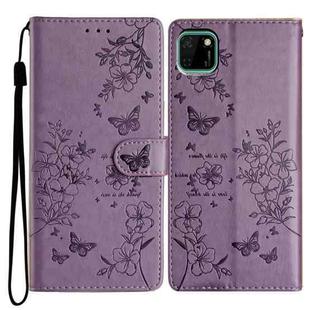 For Huawei Y5p Butterfly Love Flower Embossed Leather Phone Case(Purple)