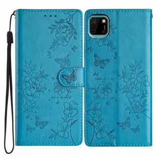 For Huawei Y5p Butterfly Love Flower Embossed Leather Phone Case(Blue)