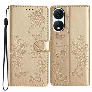 For Honor X7b Butterflies And Flowers Leather Phone Case(Gold)