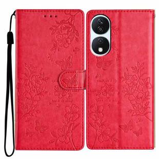 For Honor X7b Butterflies And Flowers Leather Phone Case(Red)