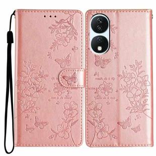 For Honor X7b Butterflies And Flowers Leather Phone Case(Rose Gold)