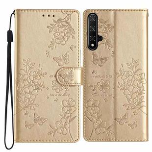 For Honor 20 Butterflies And Flowers Leather Phone Case(Gold)
