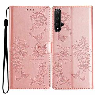 For Honor 20 Butterflies And Flowers Leather Phone Case(Rose Gold)