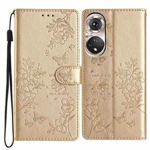 For Honor 50 5G Butterflies And Flowers Leather Phone Case(Gold)