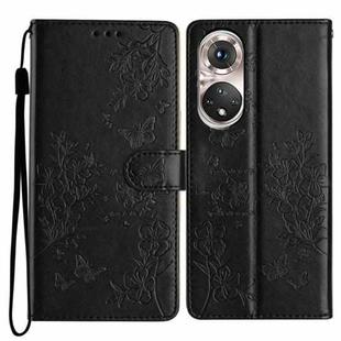 For Honor 50 5G Butterflies And Flowers Leather Phone Case(Black)