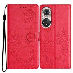 For Honor 50 5G Butterflies And Flowers Leather Phone Case(Red)