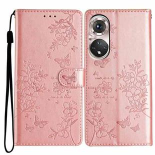 For Honor 50 5G Butterflies And Flowers Leather Phone Case(Rose Gold)