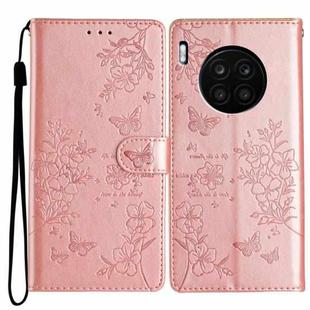 For Honor 50 Lite Butterflies And Flowers Leather Phone Case(Rose Gold)