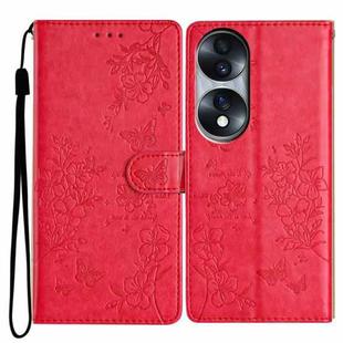 For Honor 70 5G Butterflies And Flowers Leather Phone Case(Red)