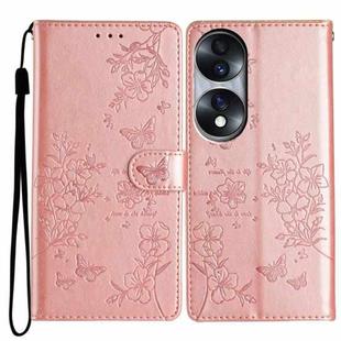 For Honor 70 5G Butterflies And Flowers Leather Phone Case(Rose Gold)