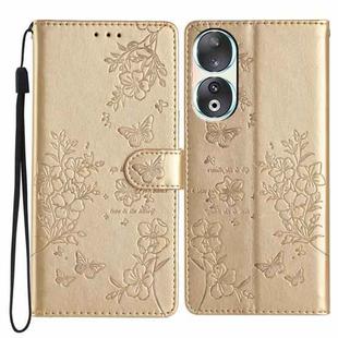 For Honor 90 Butterflies And Flowers Leather Phone Case(Gold)