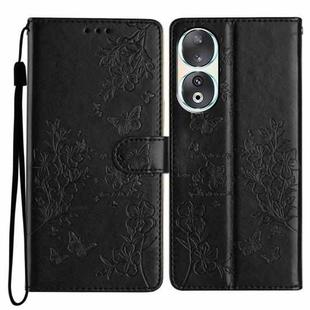 For Honor 90 Butterflies And Flowers Leather Phone Case(Black)