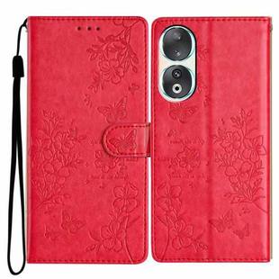 For Honor 90 Butterflies And Flowers Leather Phone Case(Red)