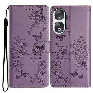 For Honor 90 Butterflies And Flowers Leather Phone Case(Purple)