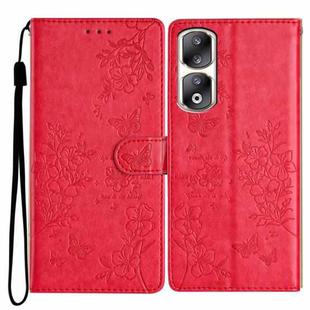 For Honor 90 Pro Butterflies And Flowers Leather Phone Case(Red)