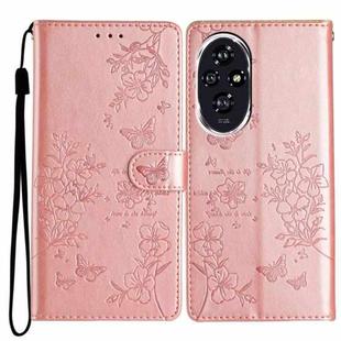 For Honor 200 Butterflies And Flowers Leather Phone Case(Rose Gold)