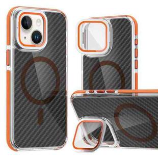 For iPhone 14 Plus Magsafe Dual-Color Carbon Fiber Lens Film Phone Case with Lens Fold Holder(Orange)