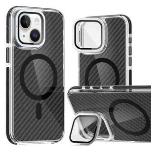For iPhone 14 Plus Magsafe Dual-Color Carbon Fiber Lens Film Phone Case with Lens Fold Holder(Black)