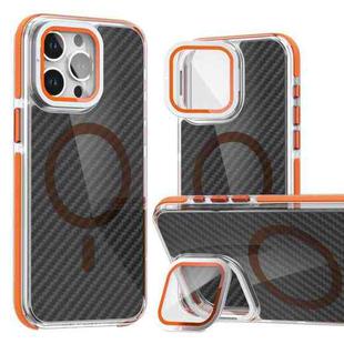 For iPhone 14 Pro Max Magsafe Dual-Color Carbon Fiber Lens Film Phone Case with Lens Fold Holder(Orange)