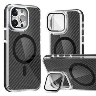 For iPhone 14 Pro Max Magsafe Dual-Color Carbon Fiber Lens Film Phone Case with Lens Fold Holder(Black)