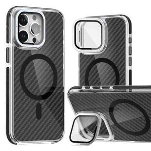 For iPhone 13 Pro Max Magsafe Dual-Color Carbon Fiber Lens Film Phone Case with Lens Fold Holder(Black)