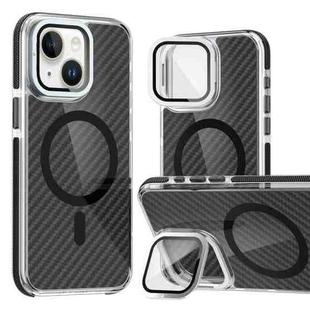 For iPhone 13 / 14 Magsafe Dual-Color Carbon Fiber Lens Film Phone Case with Lens Fold Holder(Black)