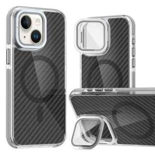 For iPhone 13 / 14 Magsafe Dual-Color Carbon Fiber Lens Film Phone Case with Lens Fold Holder(Gray)