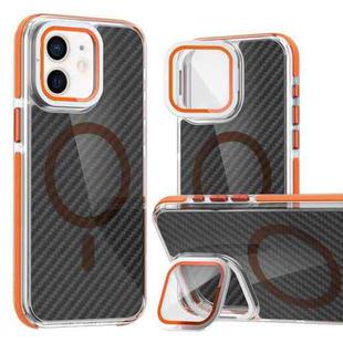 For iPhone 12 Pro / 12 Magsafe Dual-Color Carbon Fiber Lens Film Phone Case with Lens Fold Holder(Orange)