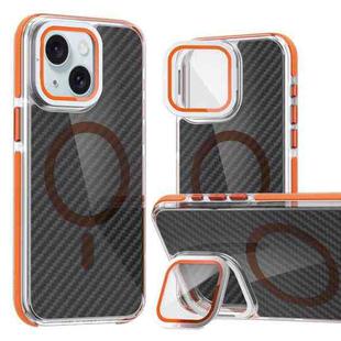 For iPhone 15 Plus Magsafe Dual-Color Carbon Fiber Lens Film Phone Case with Lens Fold Holder(Orange)