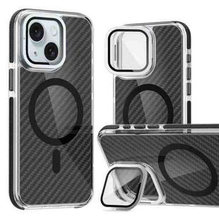 For iPhone 15 Plus Magsafe Dual-Color Carbon Fiber Lens Film Phone Case with Lens Fold Holder(Black)