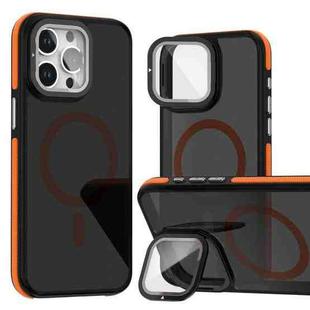 For iPhone 16 Pro Magsafe Dual-Color Skin Feel Lens Film Phone Case with Lens Fold Holder(Orange)