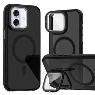 For iPhone 16 Plus Magsafe Dual-Color Skin Feel Lens Film Phone Case with Lens Fold Holder(Black)