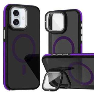 For iPhone 16 Plus Magsafe Dual-Color Skin Feel Lens Film Phone Case with Lens Fold Holder(Purple)