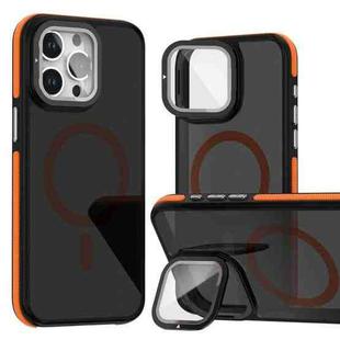 For iPhone 15 Pro Magsafe Dual-Color Skin Feel Lens Film Phone Case with Lens Fold Holder(Orange)