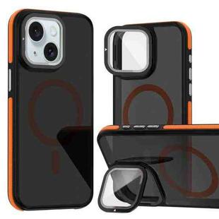 For iPhone 15 Plus Magsafe Dual-Color Skin Feel Lens Film Phone Case with Lens Fold Holder(Orange)