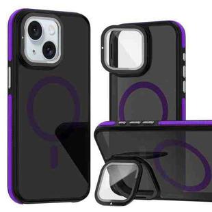 For iPhone 15 Magsafe Dual-Color Skin Feel Lens Film Phone Case with Lens Fold Holder(Purple)