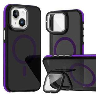 For iPhone 14 Plus Magsafe Dual-Color Skin Feel Lens Film Phone Case with Lens Fold Holder(Purple)