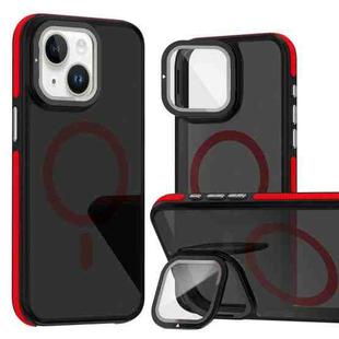 For iPhone 14 Plus Magsafe Dual-Color Skin Feel Lens Film Phone Case with Lens Fold Holder(Red)