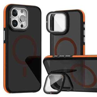 For iPhone 14 Pro Magsafe Dual-Color Skin Feel Lens Film Phone Case with Lens Fold Holder(Orange)